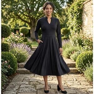 NMODER Black 3/4 Sleeve Fit & Flare L Dress Pockets High Neck Stretch Bus/travel